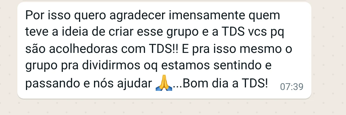 Mensagem de uma integrante do grupo da Menô