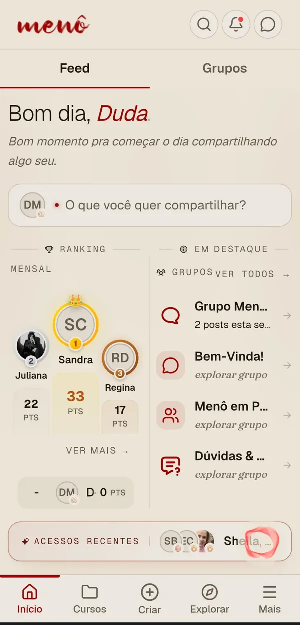 Tela inicial do app Menô Mulher